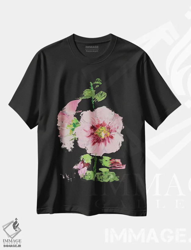 تیشرت مشکی طرح دار ختمی صورتی، دکور معاصر اثر ناتالی مک | فروشگاه ایماژ