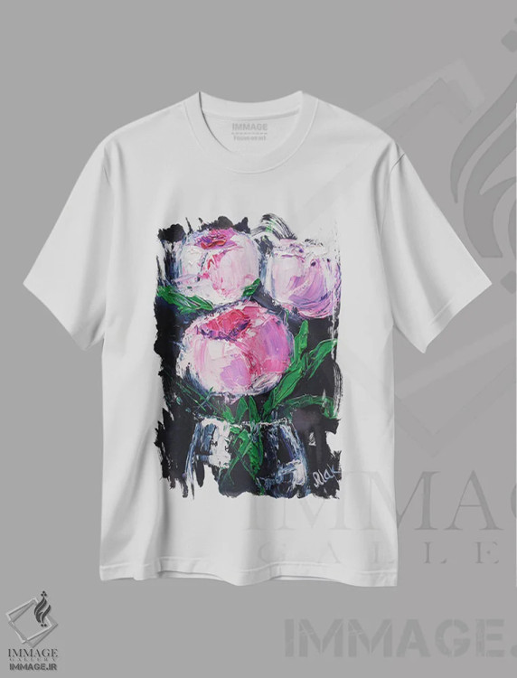 تیشرت سفید طرح دار دسته گل گل صد تومانی صورتی II، دکور معاصر اثر ناتالی مک | فروشگاه ایماژ