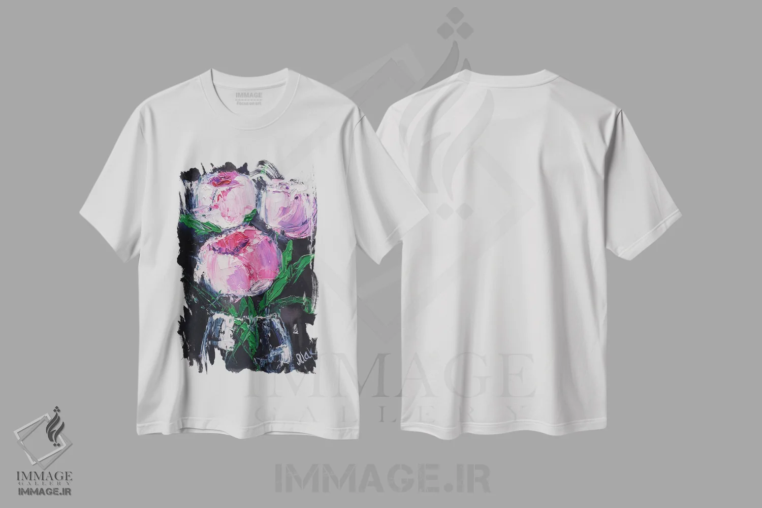 تیشرت سفید طرح دار دسته گل گل صد تومانی صورتی II، دکور معاصر اثر ناتالی مک | فروشگاه ایماژ