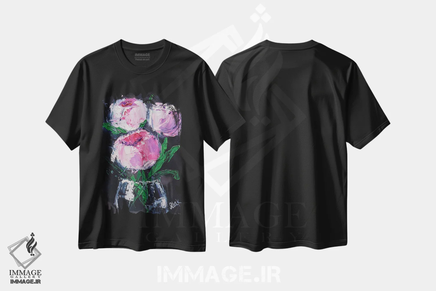 تیشرت مشکی طرح دار دسته گل گل صد تومانی صورتی II، دکور معاصر اثر ناتالی مک | immage.ir