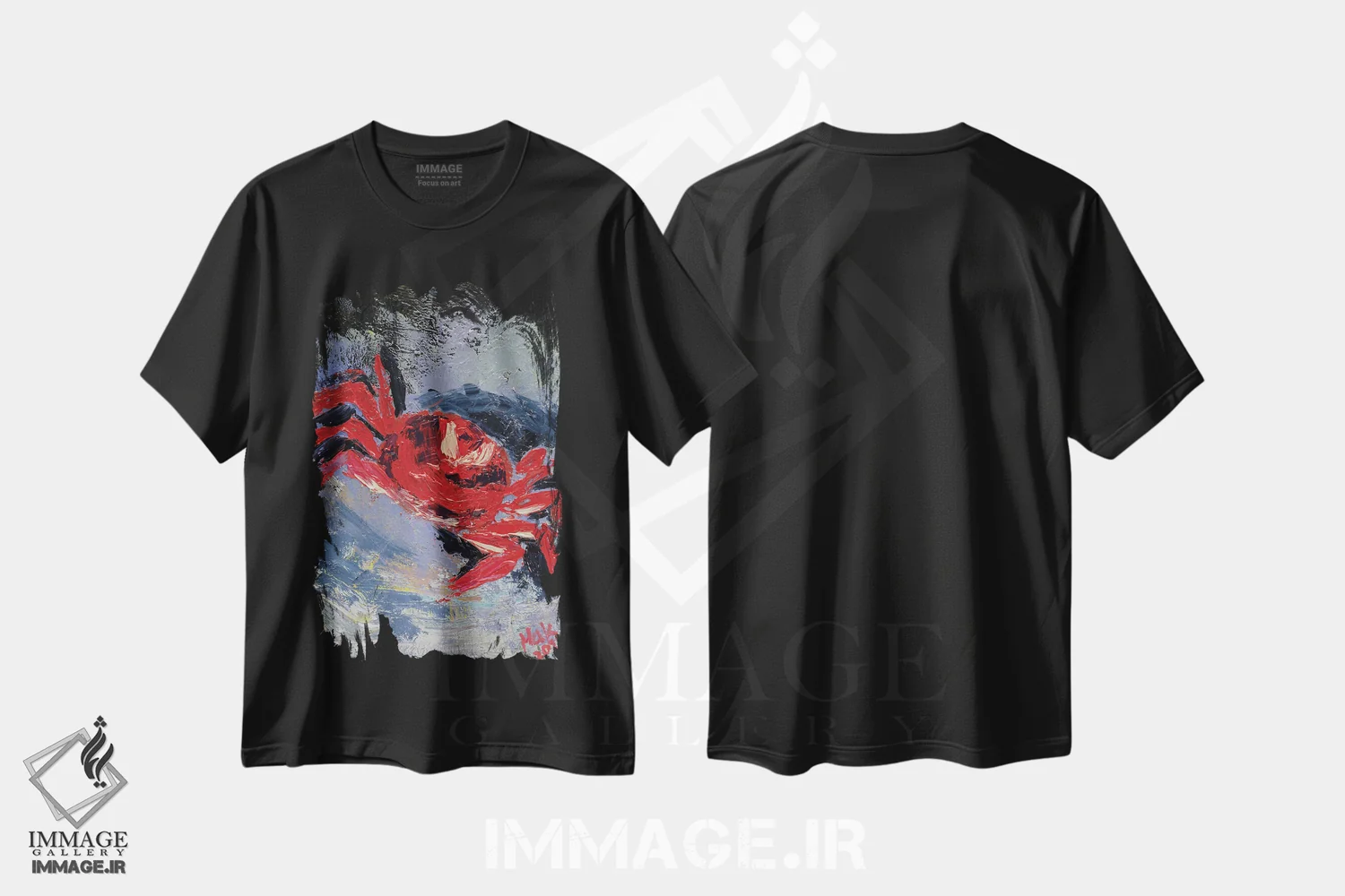 تیشرت مشکی طرح دار خرچنگ قرمز، دکور ساحلی اثر ناتالی مک | فروشگاه ایماژ