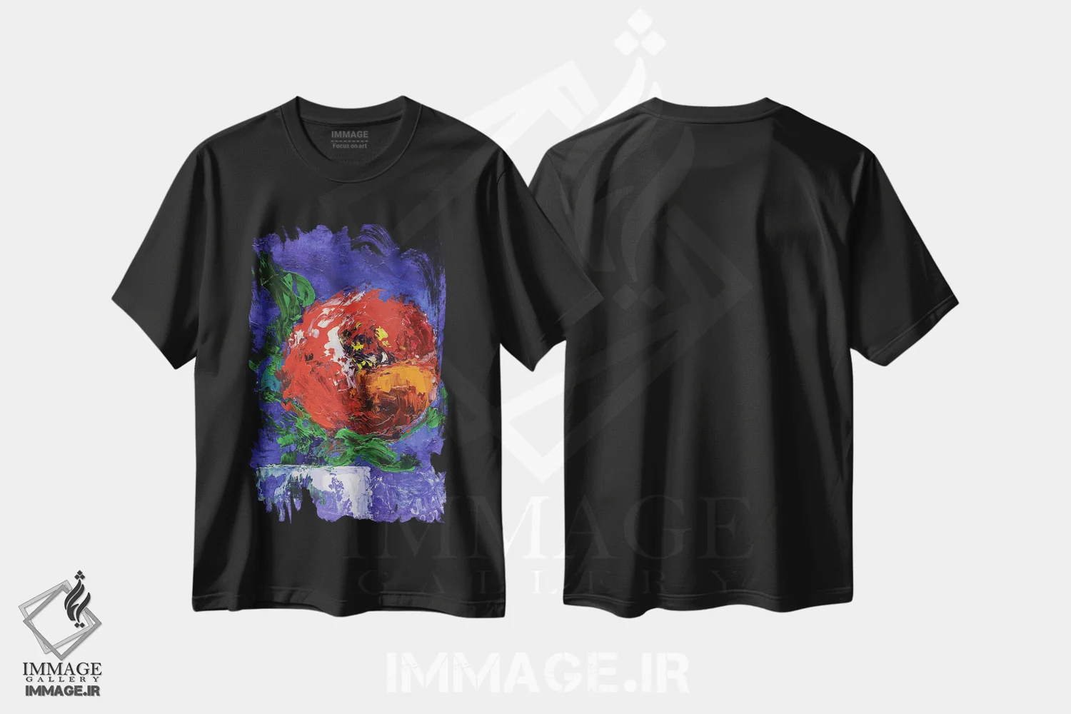 تیشرت مشکی طرح دار گل صد تومانی قرمز، دکور معاصر اثر ناتالی مک | immage.ir
