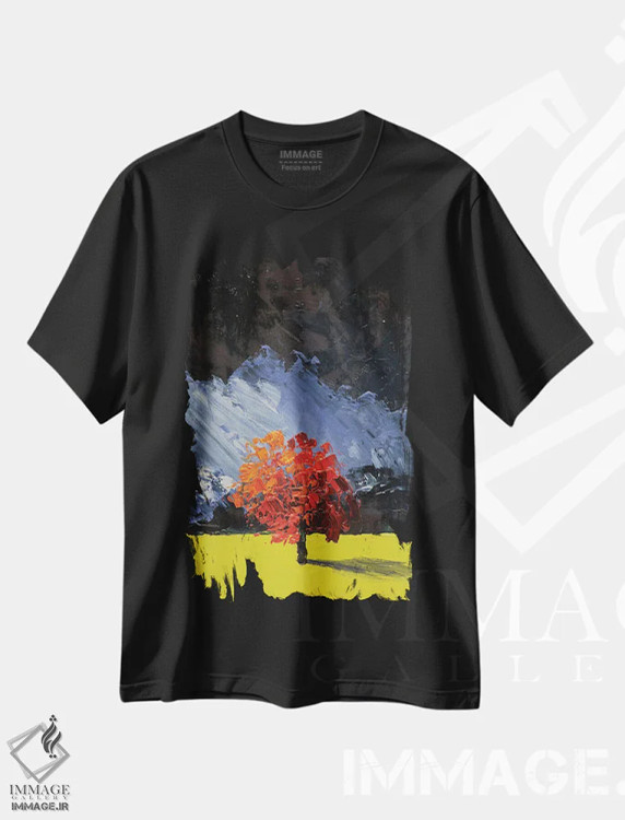 تیشرت مشکی طرح دار منظره درخت قرمز، دکور معاصر اثر ناتالی مک | immage.ir