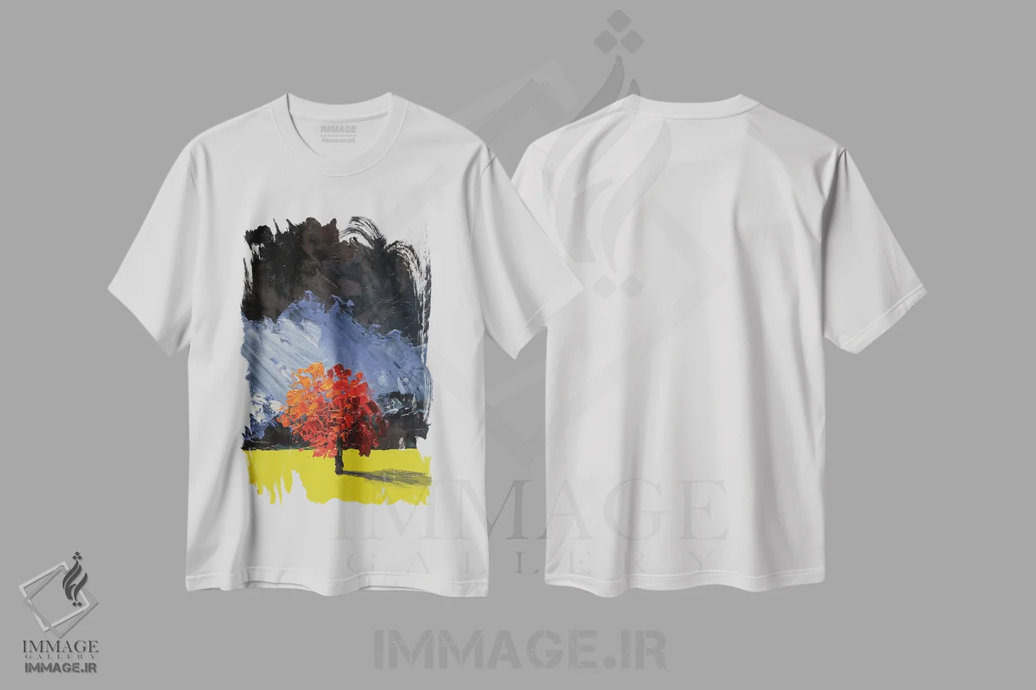 تیشرت سفید طرح دار منظره درخت قرمز، دکور معاصر اثر ناتالی مک | فروشگاه ایماژ