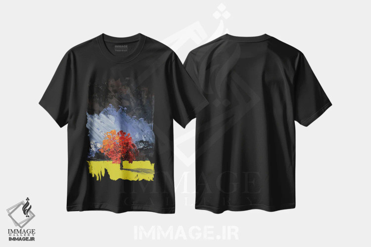 تیشرت مشکی طرح دار منظره درخت قرمز، دکور معاصر اثر ناتالی مک | immage.ir