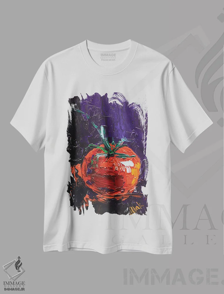 تیشرت سفید طرح دار گوجه فرنگی، دکور معاصر اثر ناتالی مک | فروشگاه ایماژ