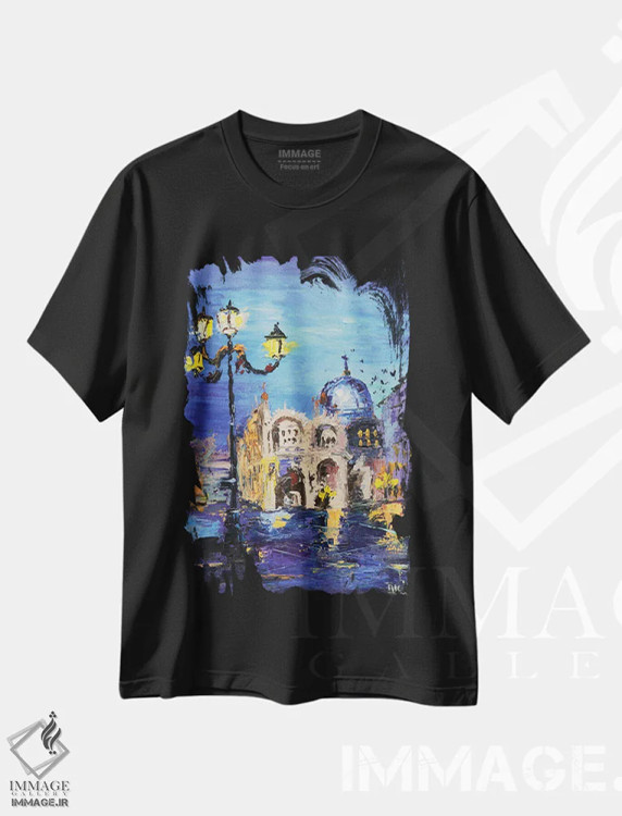 تیشرت مشکی طرح دار ونیز در شب، دکور معاصر اثر ناتالی مک | فروشگاه ایماژ
