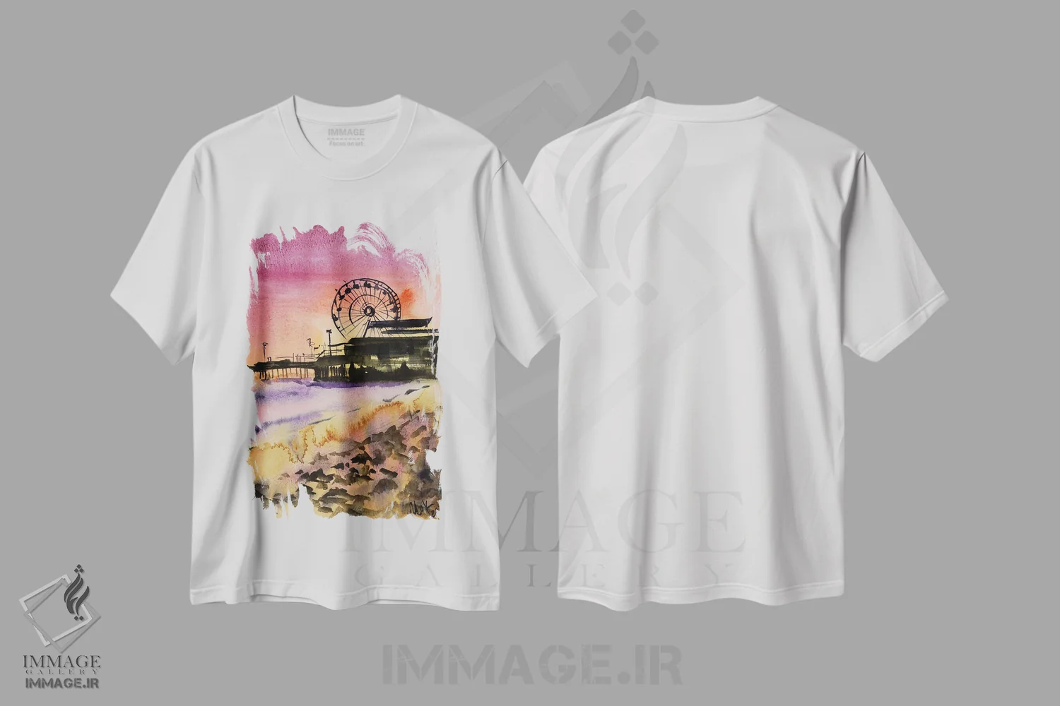 تیشرت سفید طرح دار ساحل سانتا مونیکا، مدیوم اثر ناتالی مک | فروشگاه ایماژ