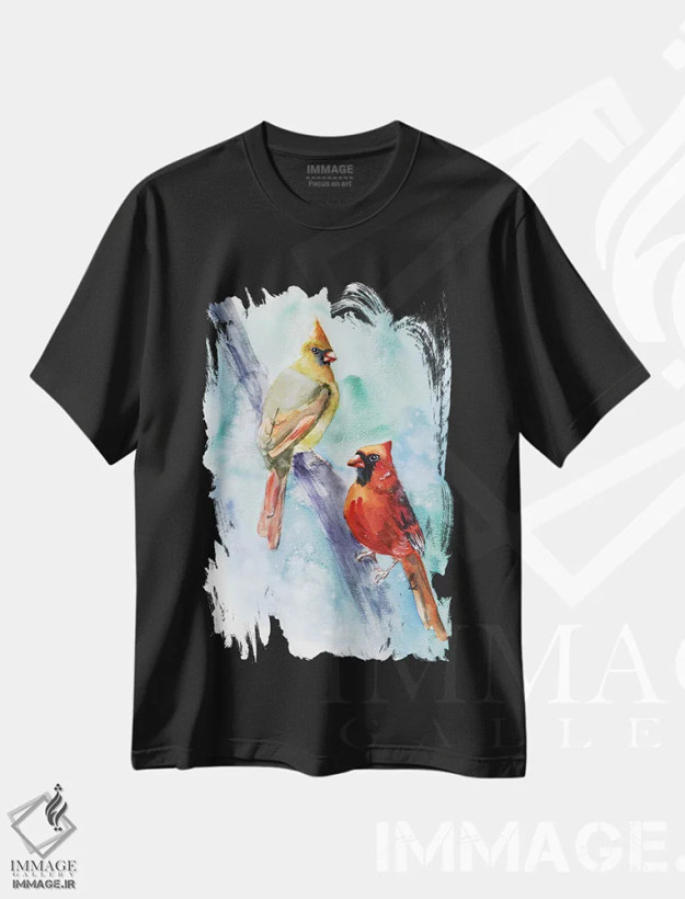 تیشرت مشکی طرح دار جفت پرنده کاردینال قرمز، دکور معاصر اثر ناتالی مک | فروشگاه ایماژ