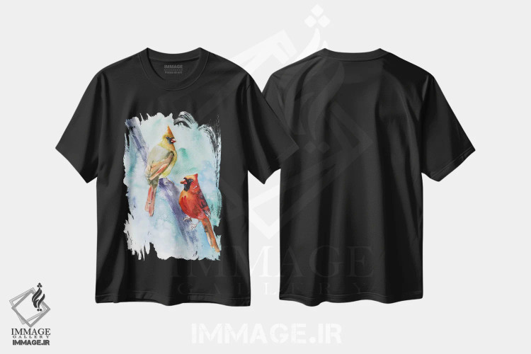 تیشرت مشکی طرح دار جفت پرنده کاردینال قرمز، دکور معاصر اثر ناتالی مک | فروشگاه ایماژ