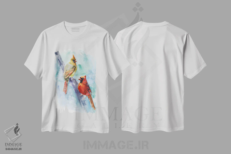 تیشرت سفید طرح دار جفت پرنده کاردینال قرمز، دکور معاصر اثر ناتالی مک | immage.ir