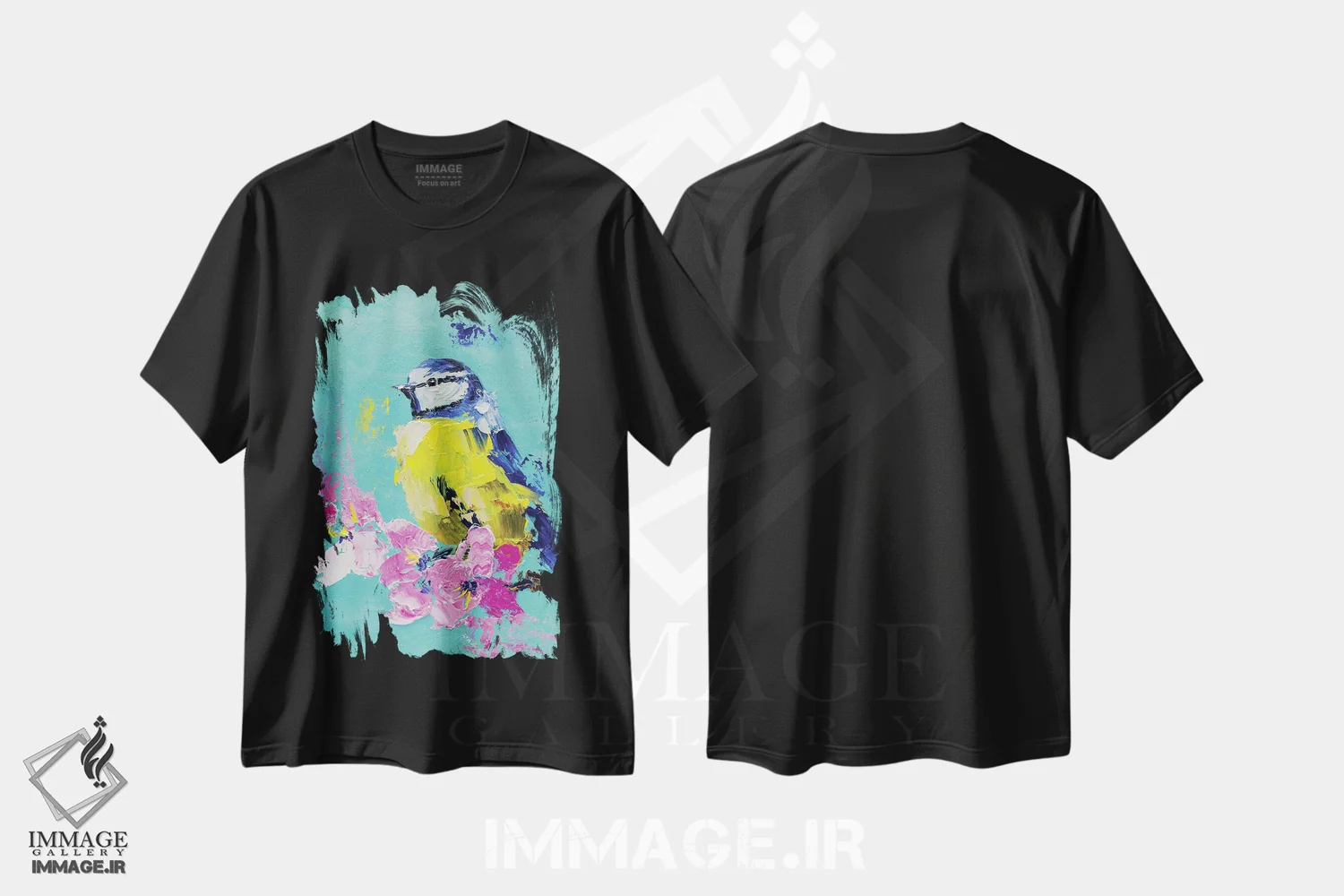 تیشرت مشکی طرح دار کمرسیاه آبی روی شاخه، مدیوم اثر ناتالی مک | فروشگاه ایماژ