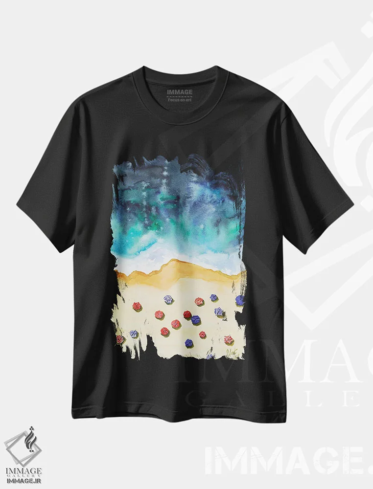 تیشرت مشکی طرح دار نمای هوایی ساحل لاگونا، دکور ساحلی اثر ناتالی مک | immage.ir