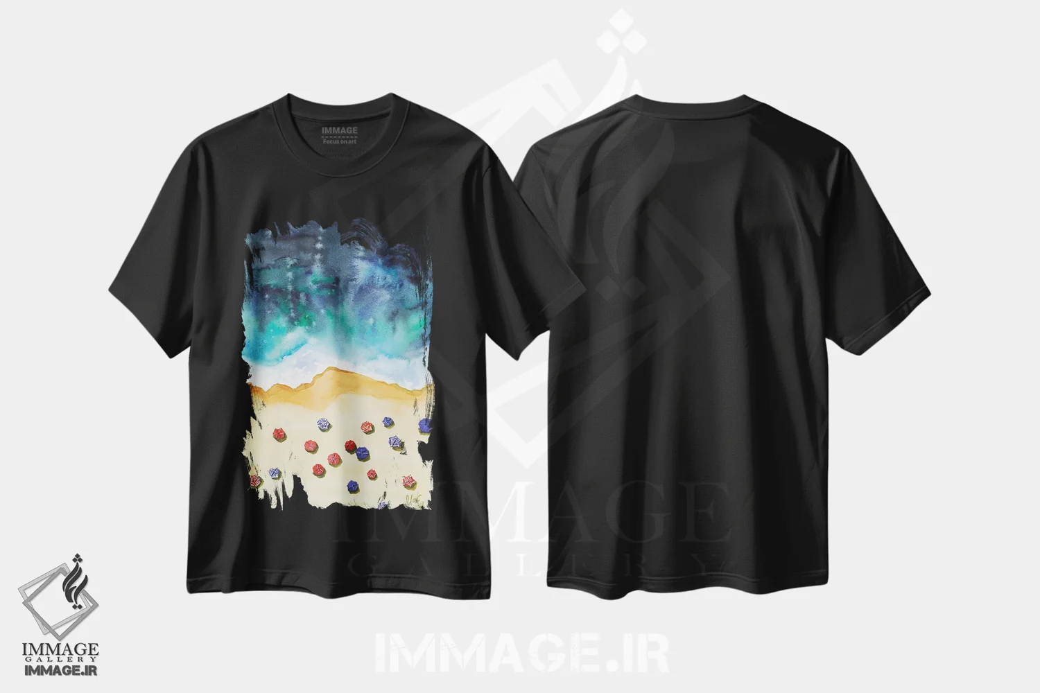 تیشرت مشکی طرح دار نمای هوایی ساحل لاگونا، دکور ساحلی اثر ناتالی مک | immage.ir