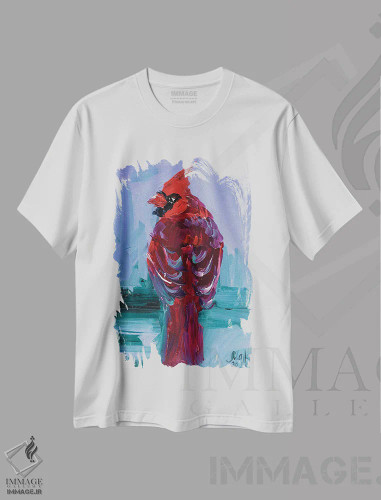 تیشرت سفید طرح دار پرنده کاردینال قرمز II، دکور معاصر اثر ناتالی مک | فروشگاه ایماژ