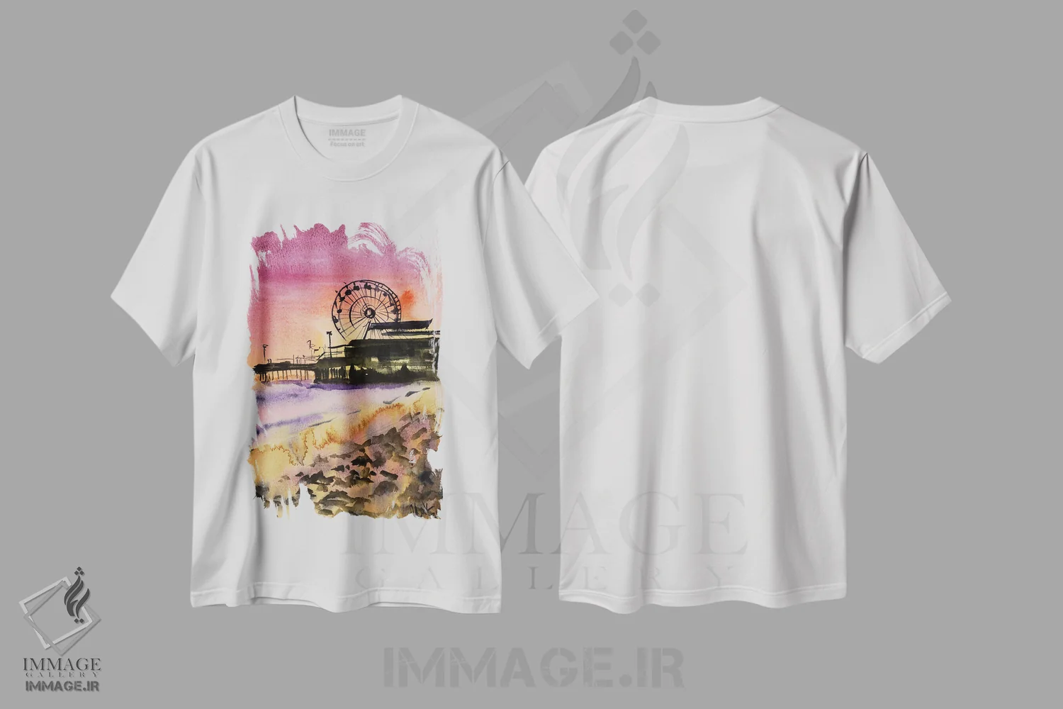 تیشرت سفید طرح دار غروب ساحل سانتا مونیکا، دکور معاصر اثر ناتالی مک | فروشگاه ایماژ