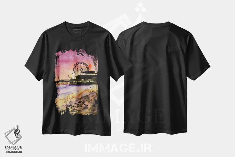 تیشرت مشکی طرح دار غروب ساحل سانتا مونیکا، دکور معاصر اثر ناتالی مک | immage.ir