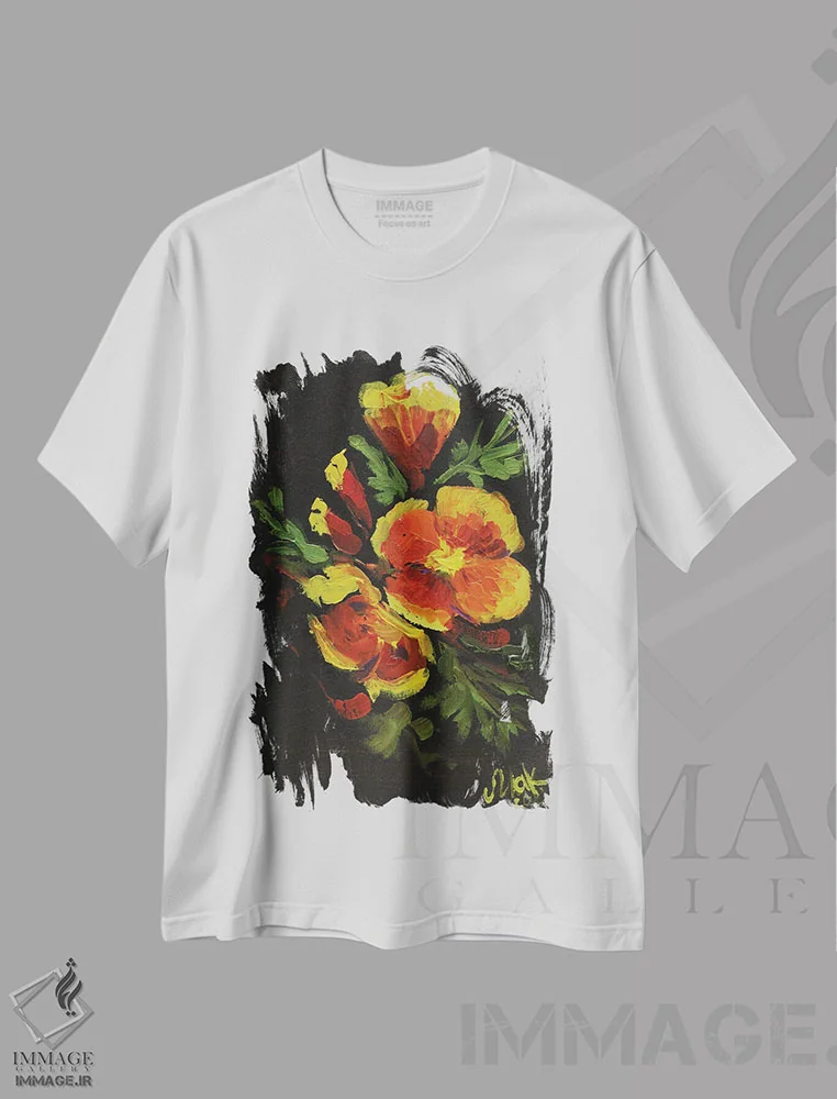 تیشرت سفید طرح دار خشخاش کالیفرنیا II، دکور معاصر اثر ناتالی مک | فروشگاه ایماژ