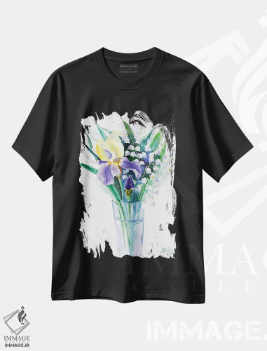 تیشرت مشکی طرح دار گل برف و زنبق، دکور معاصر اثر ناتالی مک | فروشگاه ایماژ