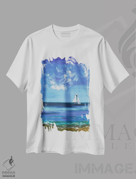 تیشرت سفید طرح دار قایق بادبانی I، دکور ساحلی اثر ناتالی مک | immage.ir