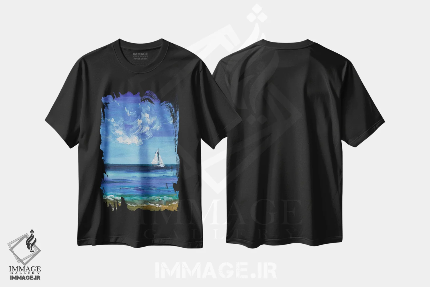 تیشرت مشکی طرح دار قایق بادبانی I، دکور ساحلی اثر ناتالی مک | فروشگاه ایماژ