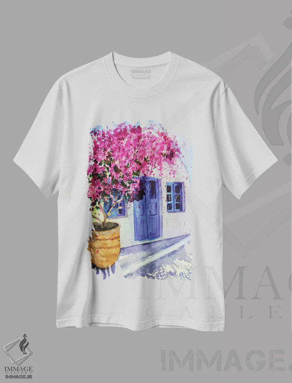 تیشرت سفید طرح دار گل کاغذی یونان، دکور معاصر اثر ناتالی مک | immage.ir
