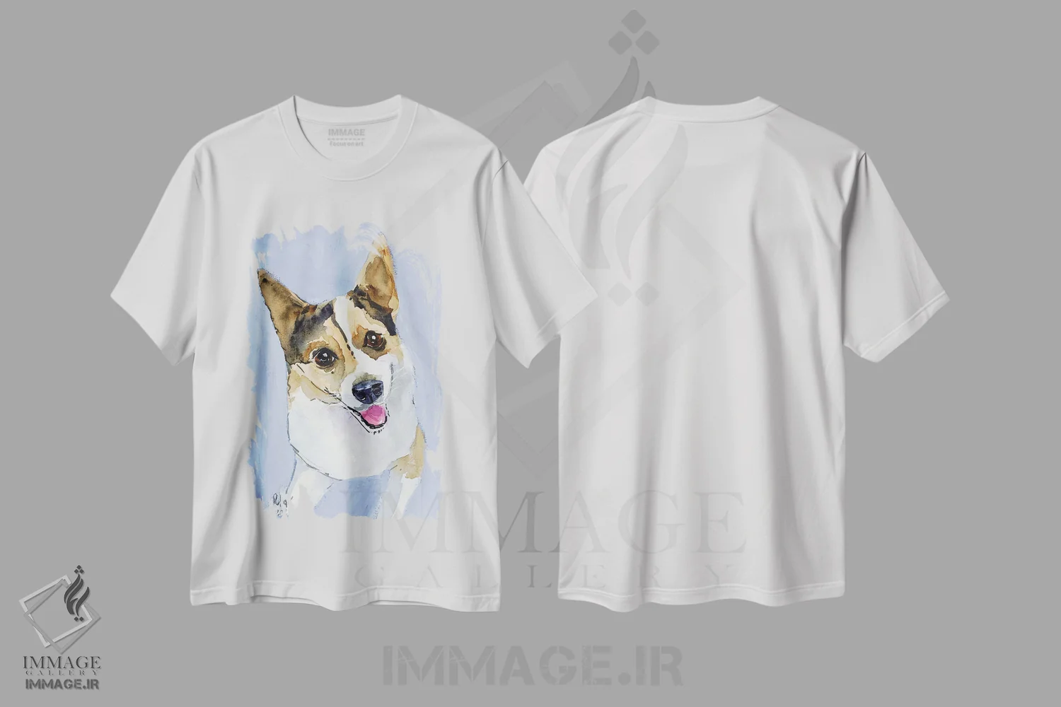 تیشرت سفید طرح دار سگ کورگی، دکور معاصر اثر ناتالی مک | فروشگاه ایماژ