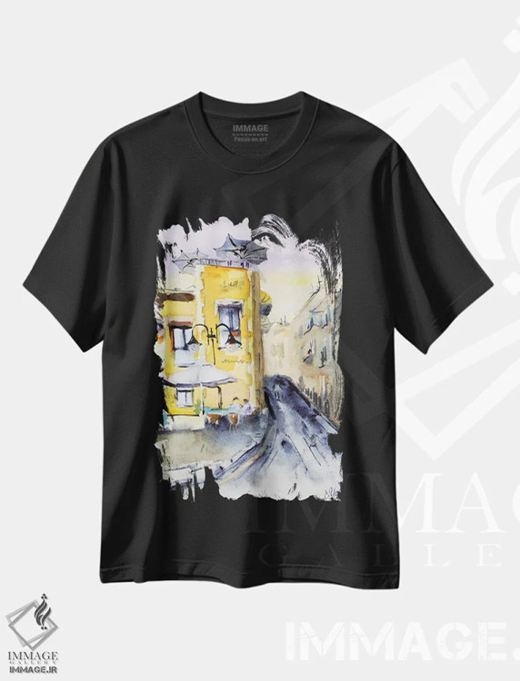 تیشرت مشکی طرح دار خیابان ایتالیایی، دکور معاصر اثر ناتالی مک | فروشگاه ایماژ