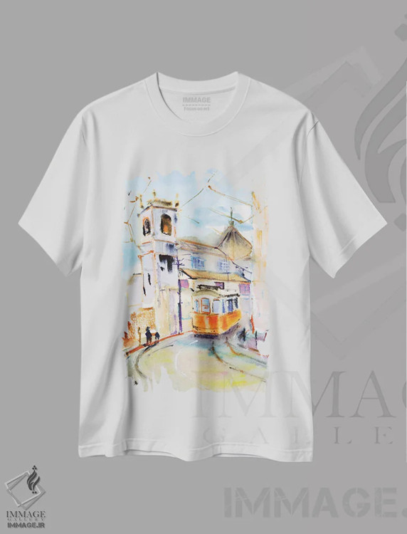 تیشرت سفید طرح دار ترام زرد لیسبون، دکور معاصر اثر ناتالی مک | فروشگاه ایماژ