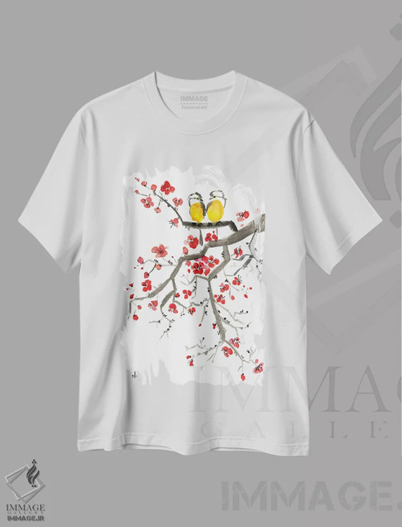تیشرت سفید طرح دار ساکورا پرنده ژاپنی، دکور آسیایی اثر ناتالی مک | فروشگاه ایماژ