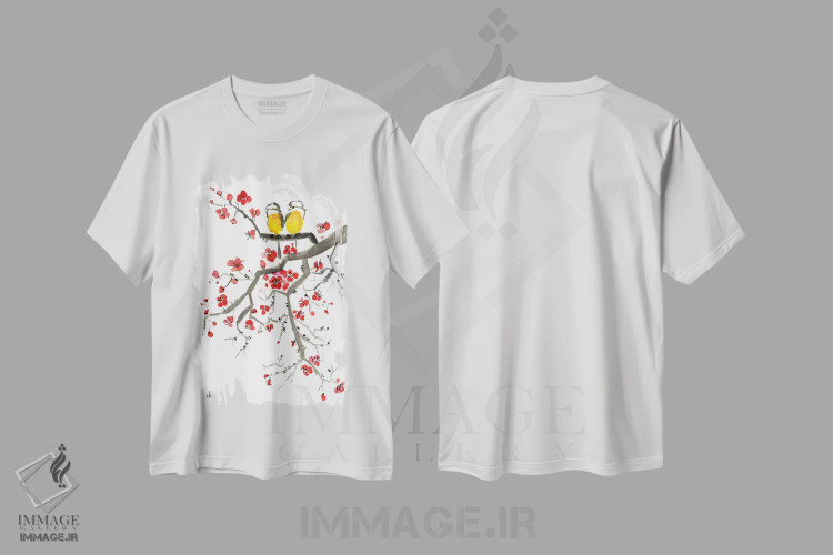 تیشرت سفید طرح دار ساکورا پرنده ژاپنی، دکور آسیایی اثر ناتالی مک | فروشگاه ایماژ