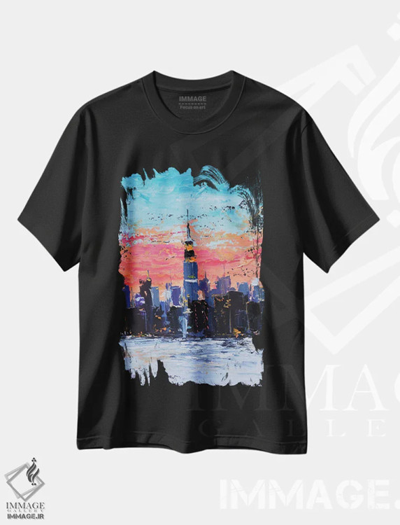 تیشرت مشکی طرح دار منظره شبانه افق نیویورک، دکور معاصر اثر ناتالی مک | فروشگاه ایماژ