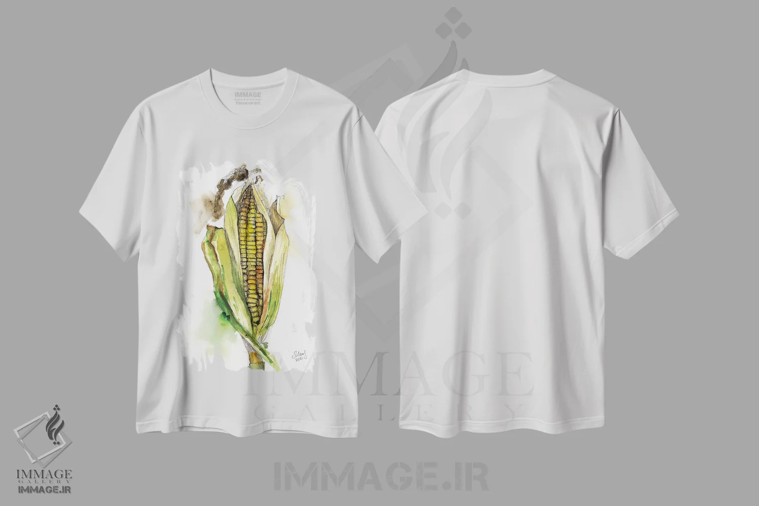 تیشرت سفید طرح دار ذرت، دکور معاصر اثر ناتالی مک | فروشگاه ایماژ