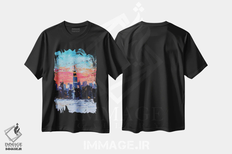 تیشرت مشکی طرح دار منظره شبانه افق نیویورک، دکور معاصر اثر ناتالی مک | فروشگاه ایماژ