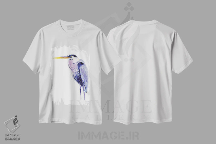 تیشرت سفید طرح دار حواصیل آبی، دکور ساحلی اثر ناتالی مک | فروشگاه ایماژ