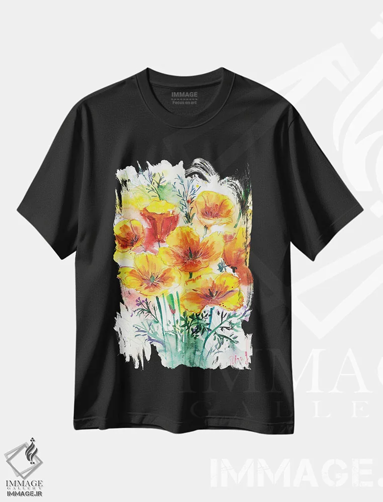 تیشرت مشکی طرح دار دسته گل شقایق کالیفرنیا، هنر فاخر معاصر اثر ناتالی مک | immage.ir
