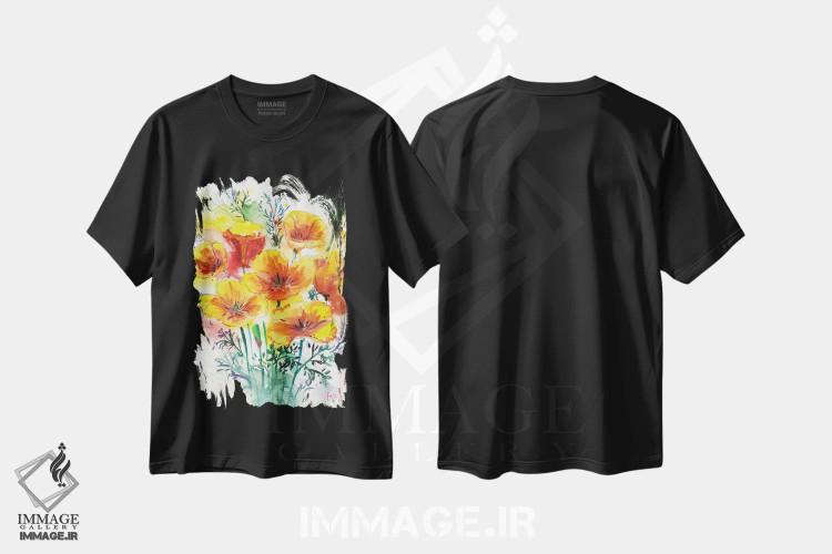 تیشرت مشکی طرح دار دسته گل شقایق کالیفرنیا، هنر فاخر معاصر اثر ناتالی مک | immage.ir