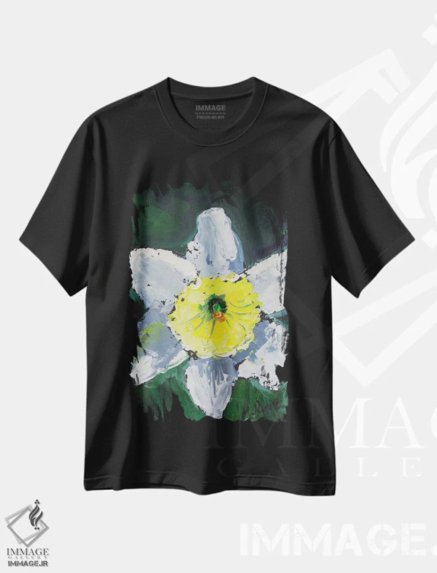 تیشرت مشکی طرح دار نرگس، هنر فاخر معاصر اثر ناتالی مک | فروشگاه ایماژ