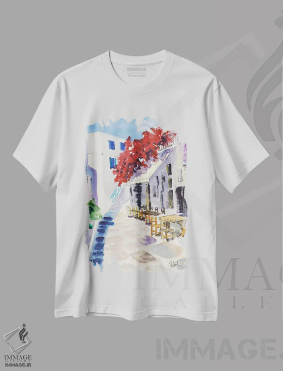 تیشرت سفید طرح دار گل کاغذی یونان در سانتورینی، هنر فاخر معاصر اثر ناتالی مک | فروشگاه ایماژ