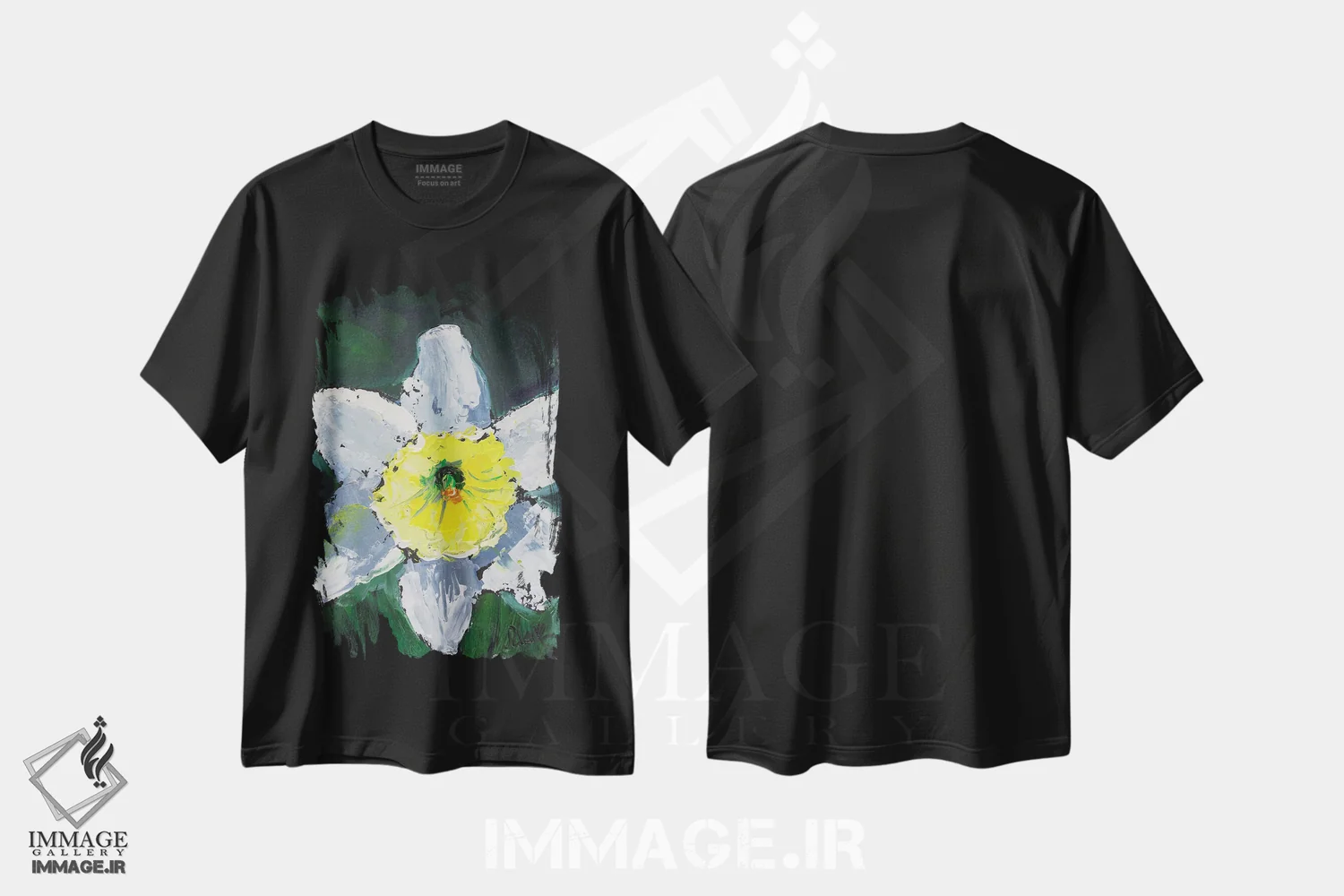 تیشرت مشکی طرح دار نرگس، هنر فاخر معاصر اثر ناتالی مک | فروشگاه ایماژ