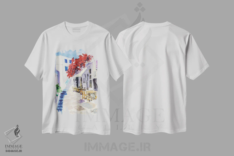 تیشرت سفید طرح دار گل کاغذی یونان در سانتورینی، هنر فاخر معاصر اثر ناتالی مک | فروشگاه ایماژ