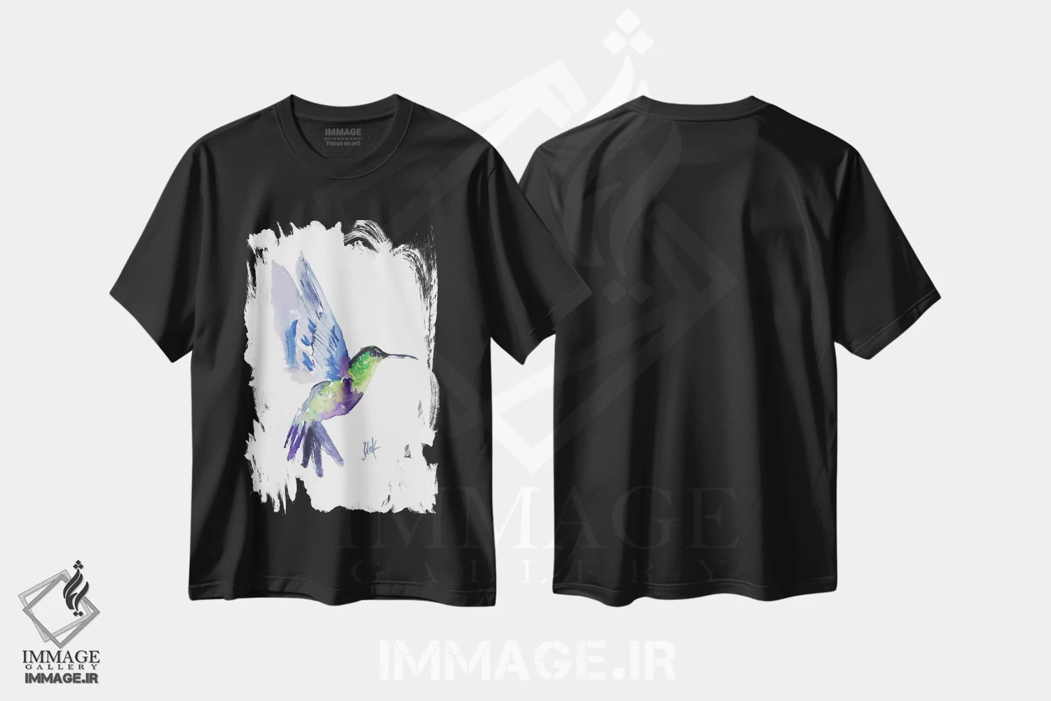 تیشرت مشکی طرح دار مرغ مگس خوار ۲، هنر فاخر معاصر اثر ناتالی مک | فروشگاه ایماژ