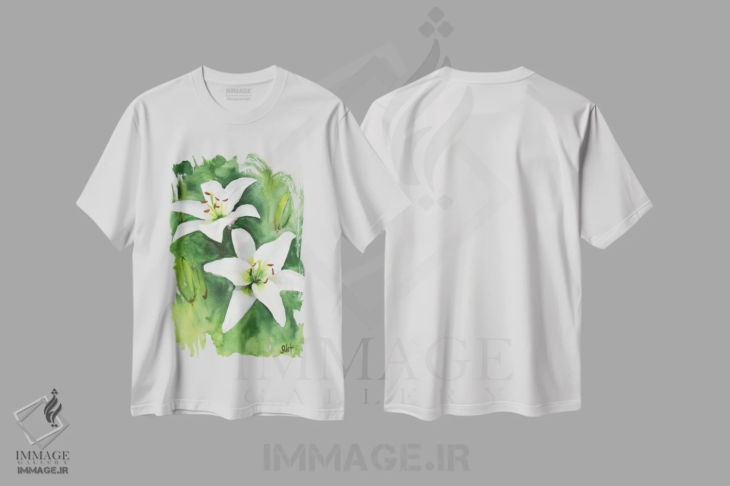 تیشرت سفید طرح دار سوسن سفید آبرنگ، دکور معاصر اثر ناتالی مک | immage.ir