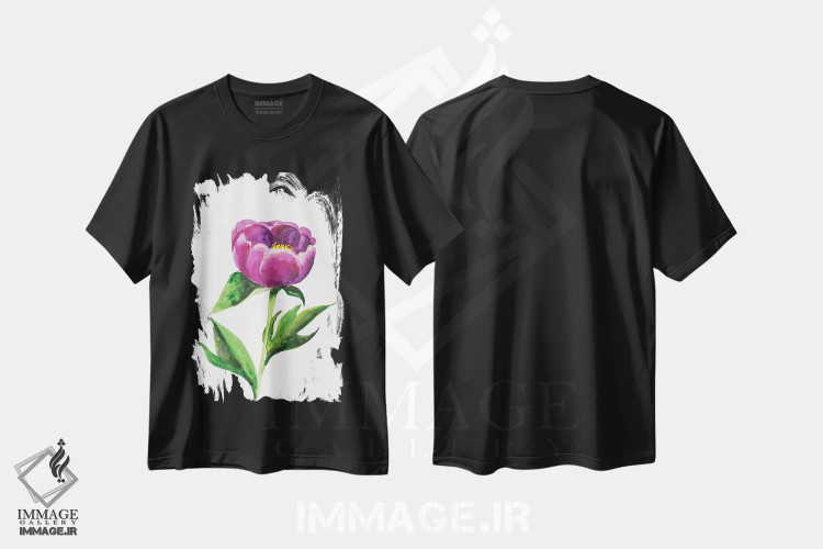 تیشرت مشکی طرح دار گل پئونی نقاشی آبرنگ، دکور معاصر اثر ناتالی مک | فروشگاه ایماژ
