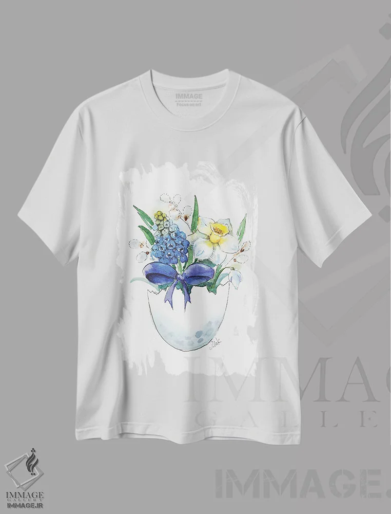 تیشرت سفید طرح دار گل ها عید پاک در تخم مرغ، مدیوم اثر ناتالی مک | فروشگاه ایماژ