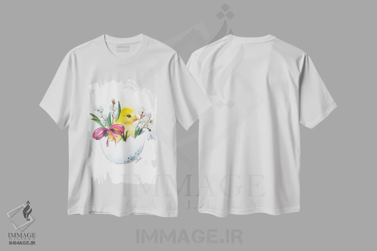 تیشرت سفید طرح دار جوجه عید پاک در تخم مرغ، مدیوم اثر ناتالی مک | immage.ir