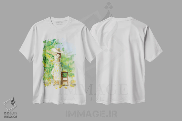 تیشرت سفید طرح دار دختر در باغ لیمو، تزئینی اثر ناتالی مک | فروشگاه ایماژ