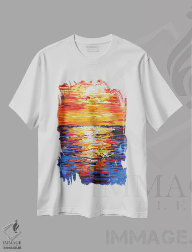 تیشرت سفید طرح دار غروب آفتاب، مدیوم اثر ناتالی مک | فروشگاه ایماژ