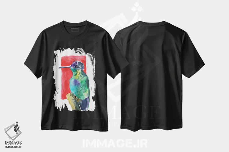 تیشرت مشکی طرح دار مرغ مگس خوار نقاشی چینی، دکور آسیایی اثر ناتالی مک | فروشگاه ایماژ