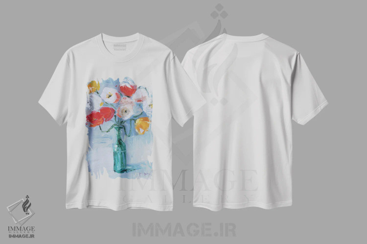 تیشرت سفید طرح دار دسته گل شقایق در گلدان، مدیوم اثر ناتالی مک | فروشگاه ایماژ
